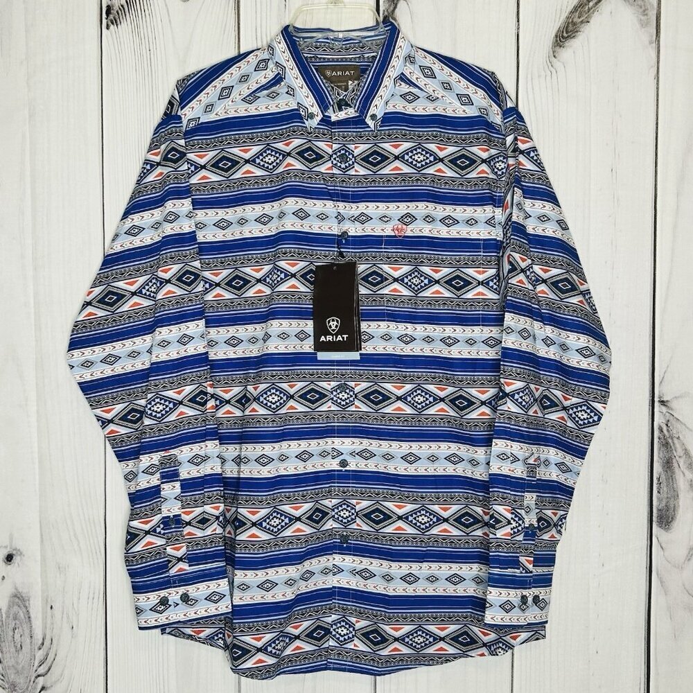Ariat Ryder Classic Fit Aztec Print Button Down Shirt Sz M Blue Long Sleeve NWT - Picture 1 of 9
